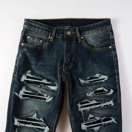 Men Black Leather Patches Denim Jeans Streetwear Skinny Tapered Pants Holes Ripped Dark Blue Stretch Trousers