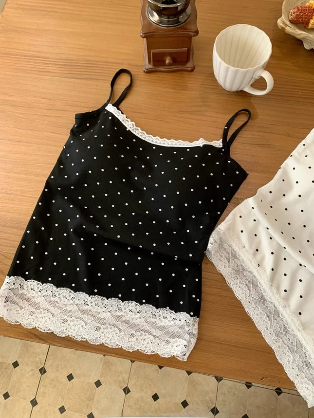 Sweet Sle Lace Polka Dot Svel Tank Top Padded Inner Wear Outerwear for Spring Summer Travel Outfit Casual Women's Vest
