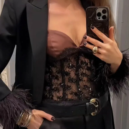 Fashion Women Sexy Lace Patchwork Sequin Sling Top Off Shoulder Backless Sleeveless See Through Slim Vests 2025 Lady Club Wear