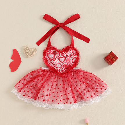 Newborn Girl Valentines Day Outfit Baby Sleeveless Halter Romper Lace Mesh Tutu Dress My First Valentines Baby Girl Outfit