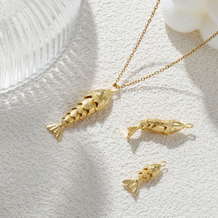 1 Piece Brass Ocean Jewelry Charms 18K Real Gold Plated Fish Animal Movable Clear Cubic Zirconia Pendant For DIY Necklace Making