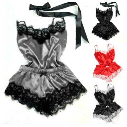 Sexy Hot Erotic Home Wear Women Pajamas Women Sleepwear Sleeveless Strap Fashion Nightwear Lace Trim Satin Cami Top Pajama Sets