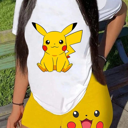 2026 Summer New Pokemon Cotton T Shirt Pikachu Front Print Yellow Red Cheeks Design Loose Fit Women Casual