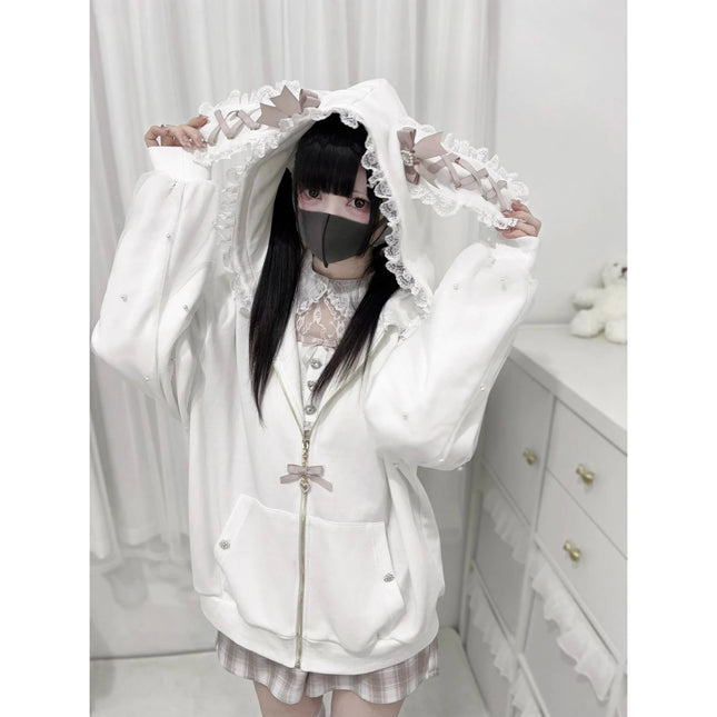 Japanese Kawaii Sweatshirt Long Seleeve Casual Women Subculture Hoodies Rivet Print Coat Cute Sweet Style Chic Women Clothing