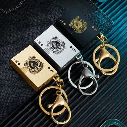 Metal Poker Keychain Pendant Inflatable Lighter Mini Compact Side Slip Butane Open Fire Outdoor Portable Lighter Men's Gift