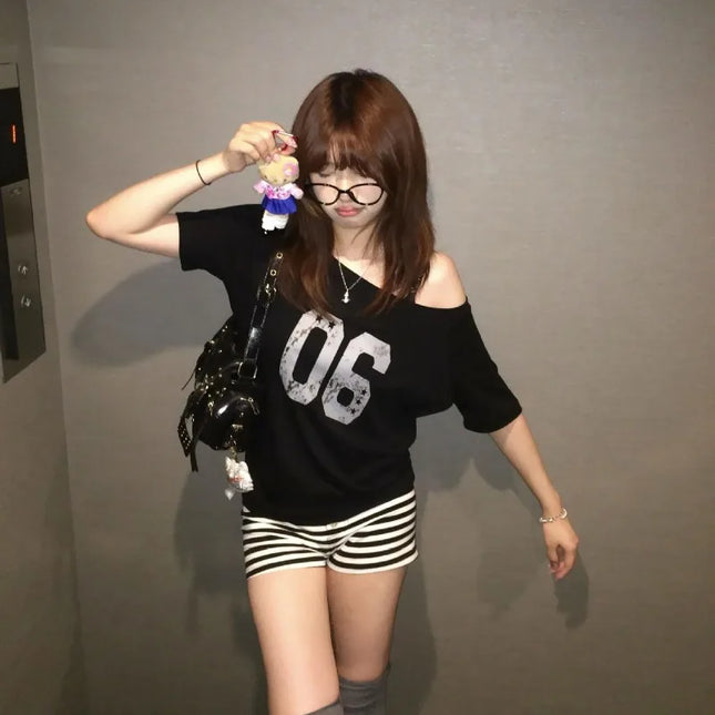 Black Off Shoulder Slant Neck Short Sleeve T-Shirt 2025 Summer Women Sweet Cool Loose Casual Streetwear Fashion