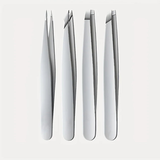 4Pcs Stainless Steel Precision Tweezers Set - For Grooming Eyebrows, Facial Hair, Comes with Convenient Travel Case