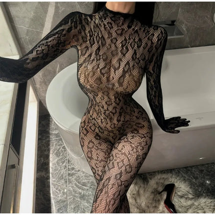 Toucheart Erotic Mesh Bodysuit Leopard Print Hollow Out Sexy Uniform Women Body Shaping See-through Seductive Hot Flirt Bodysuit