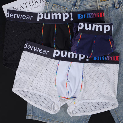 Men's PUMP! Mesh Boxer Briefs U Convex Pouch Rainbow Stitching Elastic Waistband Breathable Quick Dry Underwear