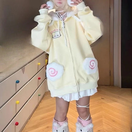 Japanese Kawaii Cartoon Embroidery Hoodies Women Cartoon Cute Pocket Loose Sweatshirt 2026 Y2k Aesthetic Casual Grunge Hoody