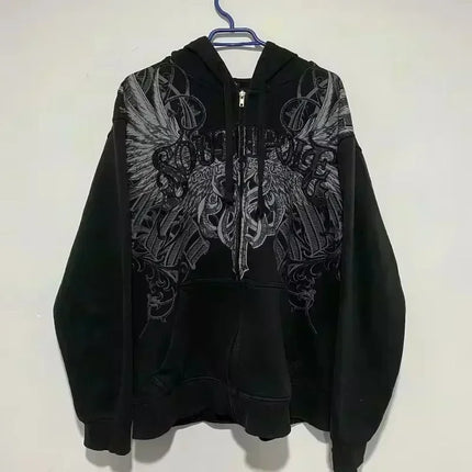 American Y2K 2026 New Fashion Punk Pattern Embroidered Zipper Hoodie Women Street Hip Hop Fleece Padded Sweatshirt Unisex Hoodie