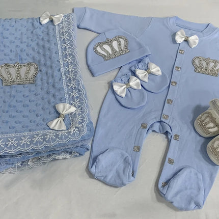Baby Girl Boy Princess Prince Hospital Exit Newborn Bling Outfits Baby Bottles Gift Set Baby Shower Gift 5pcs Crown Romper
