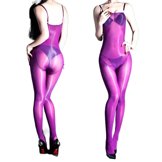Couple Oil Shiny Suspenders Bodystocking Gay Men Sissy Glossy Seamless Bodysuit Catsuit Silky Sling Onesie Transparent Pantyhose