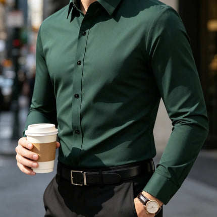 New Men Shirt Elegant Fashion European Long Sleeve Classic Smart Casual Elastic Anti-pilling Male Business Dress Shirts