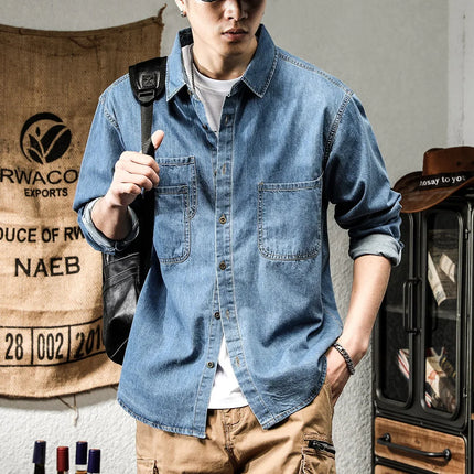 Retro American Style Long Sleeve Denim Workwear Shirt Jacket Men's Fashion Versatile Spring Outerwear Classic Look