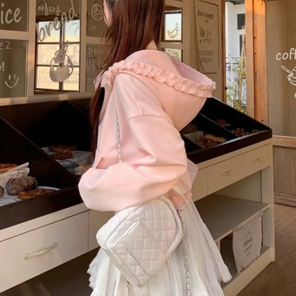 2026 Y2k Aesthetic Pink Ruffled Hoodies Women Casual Loose Harajuku Zipper Sweatshirt Spring Sweet Cute Grunge Hoody Jackets