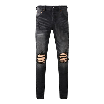 High Street Men's Jeans American Distressed Dark Black Coated Blank Stretch Skinny Button Fly Ripped Pants Trousers