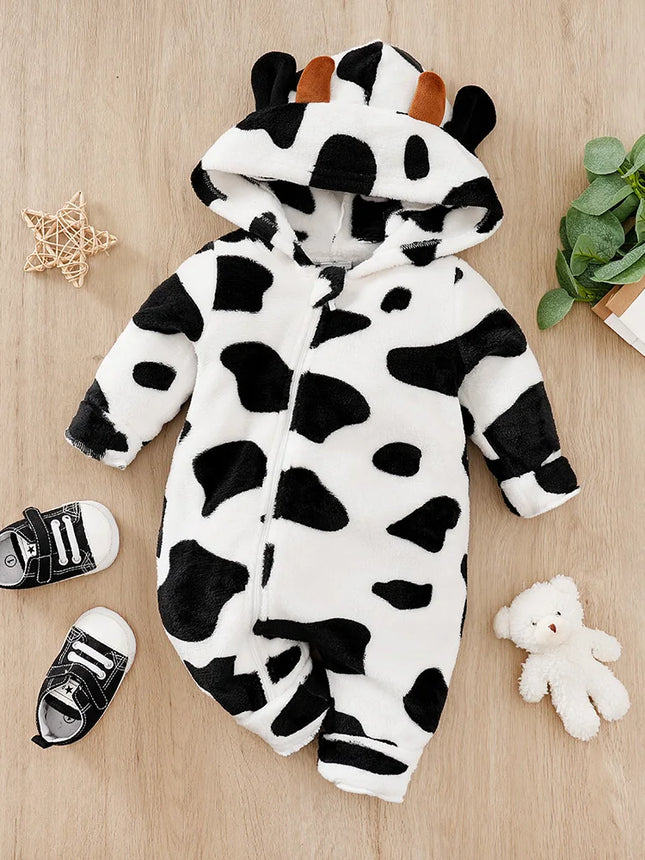 Newborn BoyGirlBaby CuteCartoonCow Flannel ThreeDimensional Ear Comfortable FullPrint SimpleCasual SpringAndAutumn Baby Jumpsuit