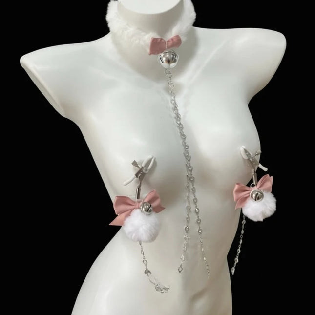 Fuzzy Bow Nipple Clips Bell Collar and Body Chain Pink Breast Restraints BDSM Training Sexy Accessories for Women Adult Sex Toys