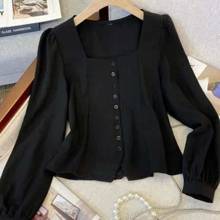Elegant Long Sleeve Shirt Large Size Women's Early Autumn plus Size French Chic Square Collar Slimming Belly Covering Top