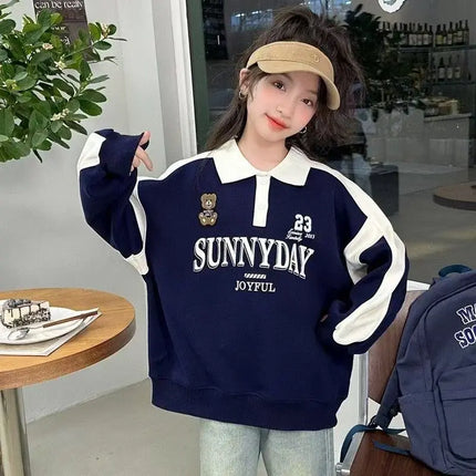 Spring and Autumn Children's Letter Printed Loose Casual Polo Shirt Children's Button Collar Splicing Long Sleeve Top