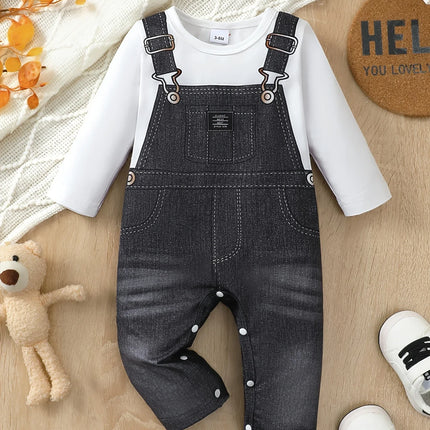 Summer  0-1  Years  Old  Infant  Baby  Boys   Fake  Denim  Print   Long  Sleeved  Casual  Baby  Clothing