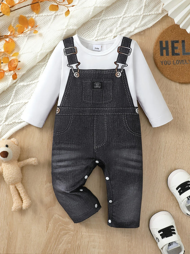 Summer 0-1 Years Old Infant Baby Boys Fake Denim Print Long Sleeved Casual Baby Clothing