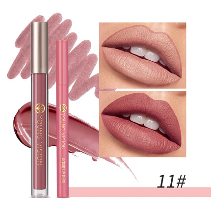 YOUNG VISION Lip Glaze + Lip Liner set liquid Lip Liner Waterproof non-stick cup Moisturizing easy color 12 color lip gloss