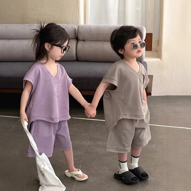 RAISE Summer Brother Sister Clothes Muslin Hollow V-collar Kids Boy Short Sleeve Top Suit Loose Solid Straight Shorts Tracksuits