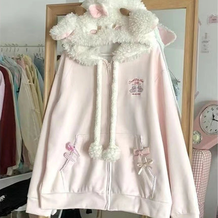 Winter Sweet Cute Rabbit Ears Lolita Coats Women Casual Fashion Bandage Lace Oversized Sweatshirt Y2k Harajuku Hooded Jackets