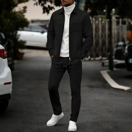 Men's fashionable casual plain-color waffle knit pullover with zipped pocket and collar, high-quality men's jacket, trousers set