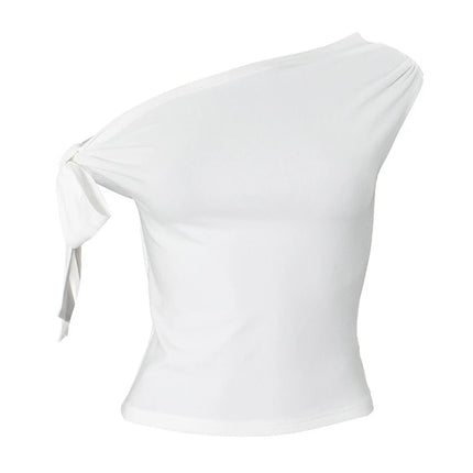 2024 Women's Summer Ins Style New Shrink Pleated One-Shoulder Crop Top Backless Twist Tie Asymmetric T-Shirt Casual Top