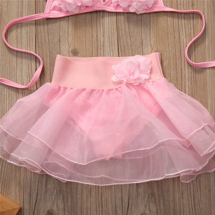 1-6years Baby Girls Swimwear Solid Pink Hanging-Neck Floral Top Tutu Skirt With Panty Swimsuits For Girl Summer Beach Bikini Set