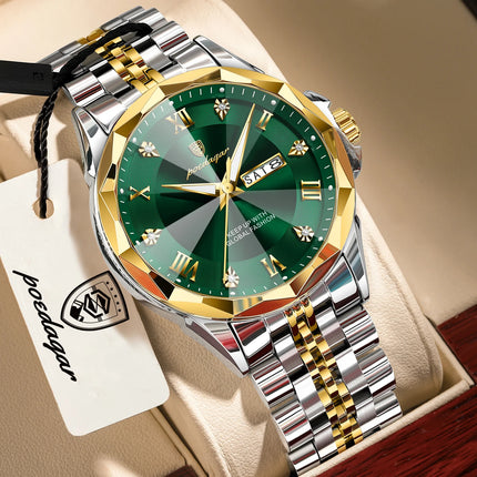 POEDAGAR Fashion Luxury Men Watch Top Original Waterproof Luminous Date Week Man Wristwatch Stainless Steel Quartz Men's Watches