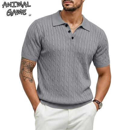 Summer Textured T-Shirts Man Short Sleeve Lightweight Knit Shirts Vintage Striped Shirts Knitwear Breathable Polo Shirts for Men