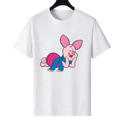 Disney Pooh Bear Piglet Pattern Woman Round Neck Loose Parent-child Clothing Tops Ladies Comfort Short Sleeves T-Shirt Blouses