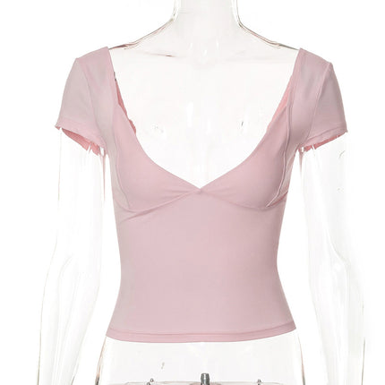Lamuusaa y2k Tops Women Summer Clothes Sweet Solid Color V Neck Short Sleeve T Shirts Tanks 2000s Aesthetic Tees Streetwear