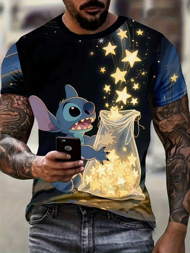 Cute Stitch Holding Stars Bag Print T-shirt Men Streetwear Cartoon Graphic Tops