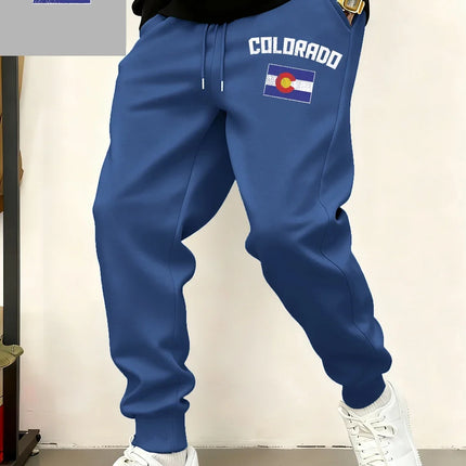 Colorado Flag Printed Sweatpants Mens Casual Pocket Jogger Pants Winter Fleece Warm Oversized Trousers Basics Male Streetwear