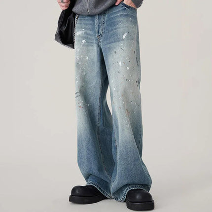Autumn Korean Splashed Ink Jeans Men'S Straight Leg Pants Fashionable High Street Retro Loose Wide Leg Pants Design Pants