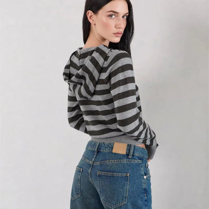 Women Full Zip Up Hoodie Sweatshirt Striped Long Sleeve Zipper Crop Shirt Color Contrast Y2k Hooded Cardigan Jacket