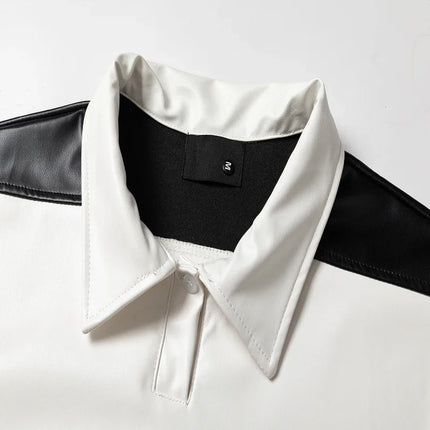 Splice Color Stripe Pu Leather Lapel Collar T Shirt Black Purple Red Polo Shirt Men Women High Quality Casual Short Sleeve Tops