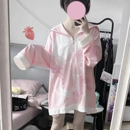 Harajuku Kawaii Sailor Collar Coat Women New  Pink Cardigan Y2k E-Girl Long Sleeve Loose Tops Mujer Sweatshirt