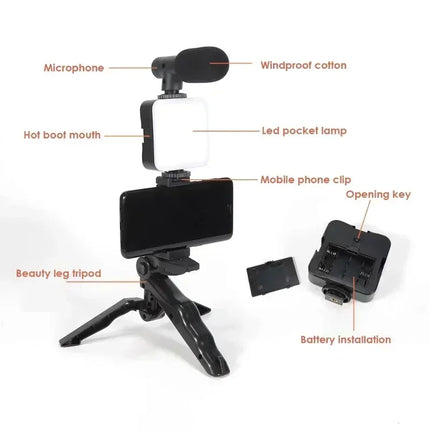 Smartphone Vlogging Kit With Tripod Phone Holder Mini Microphone LED Fill Light Starter For TikTok Live Stream Video YouTube