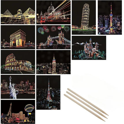 DIY 4Pcs Night Scene Art Scratch Painting Toys City Building Landscape  Educational Toys Birthday Gift Room Decor