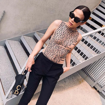 Fashion Trendy Round Collar Sleeveless Tank Mesh Sexy Article Print Slim Casual Top Women Hipster Wear