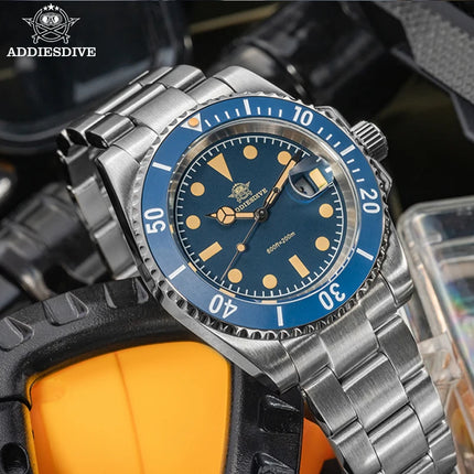 ADDIESDIVE 41mm Mens Dive Watch 200M Water Resistant Vintage Super Luminous Ceramic Bezel Date Display 316L Steel Quartz Watch