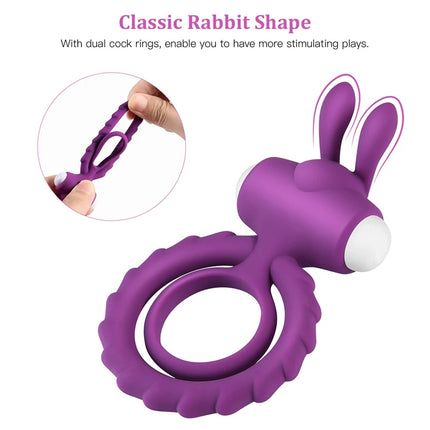 Penis Ring Dual Vibrating Delay Ejaculation Erection Enhancer Vibrator with Rabbit Ear Durable Cock Rings Sex Toy Men Couples