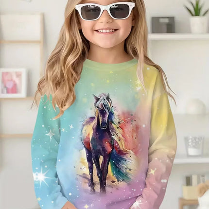 Girl Clothes Fashion Horse 3D Print Kids Long Sleeves T-Shirt Loose Casual Autumn Tops Outdoor Comfortable Children's Clothing
