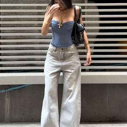 Nibber Folds Sexy Fishbone Strapless Tops Patchwork See Through Skinny Summer Backless Daily Street Versatile Sweet Clothes
